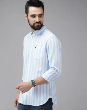 Sky Blue & White Vertical Stripe Cotton Shirt – Smart Casual Style with Global Business Appeal